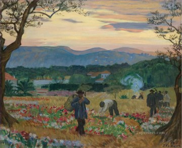 landscape Painting - THE FLOWER HARVEST Boris Mikhailovich Kustodiev plan scenes landscape